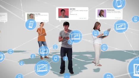 usando dispositivos digitales, personas que se conectan en perfiles de redes sociales con animación de red