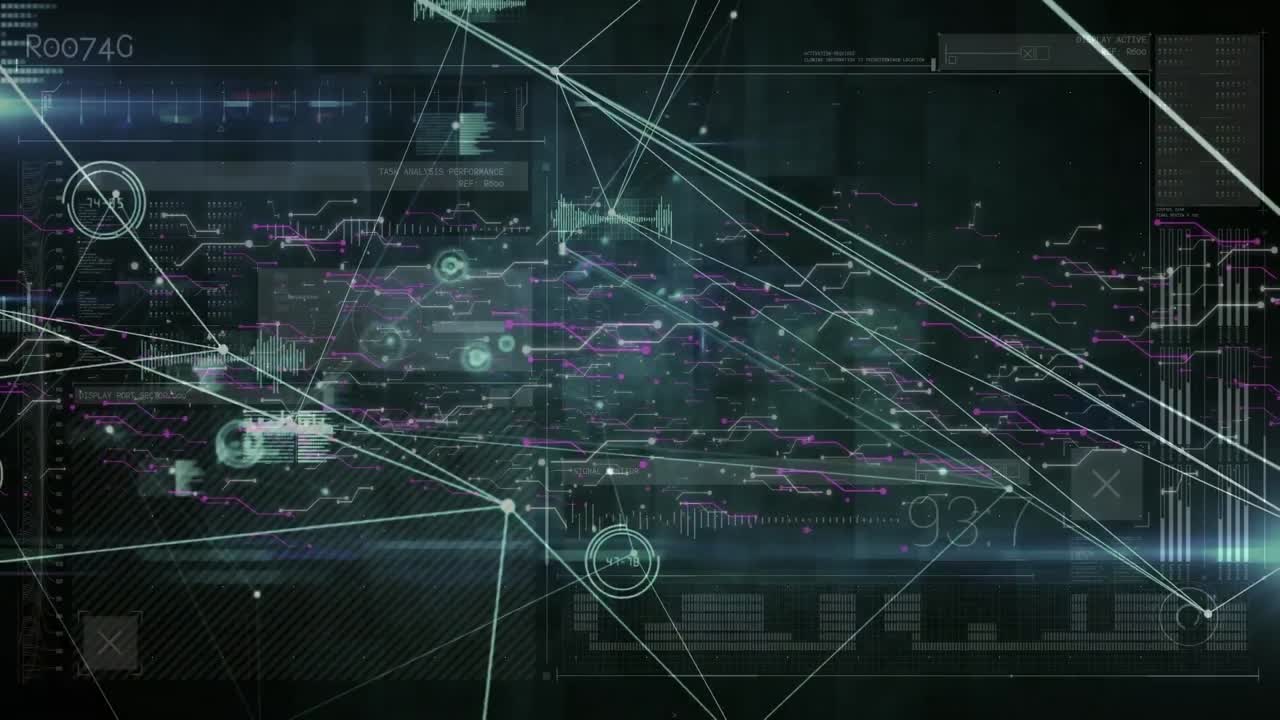 Animation of network of connections with icons over data processing