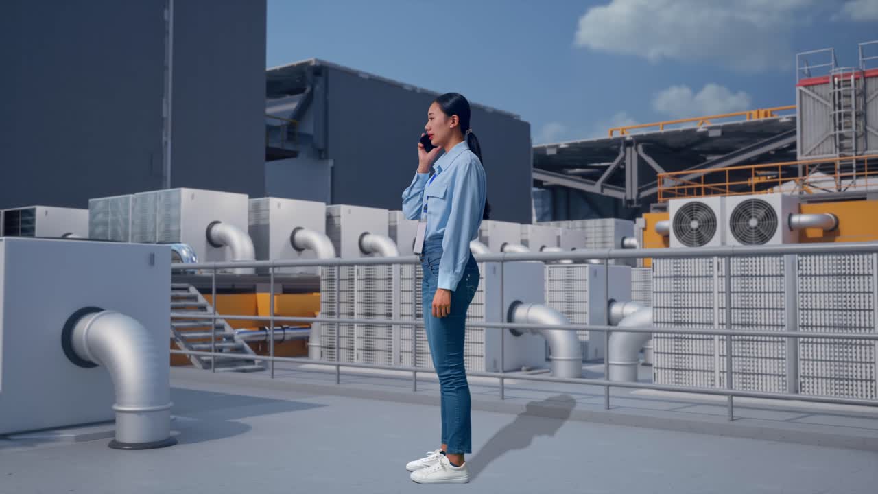 Full Body Side View Of Asian Female, Worker Inspecting Rooftop HVAC Units in Industrial Building, She Is Speaking With Someone In The Phone