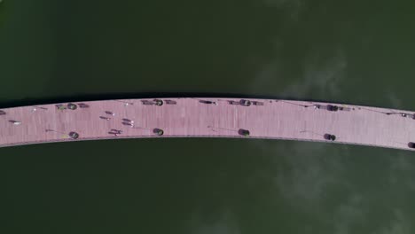 dronie of a footbridge in a lake