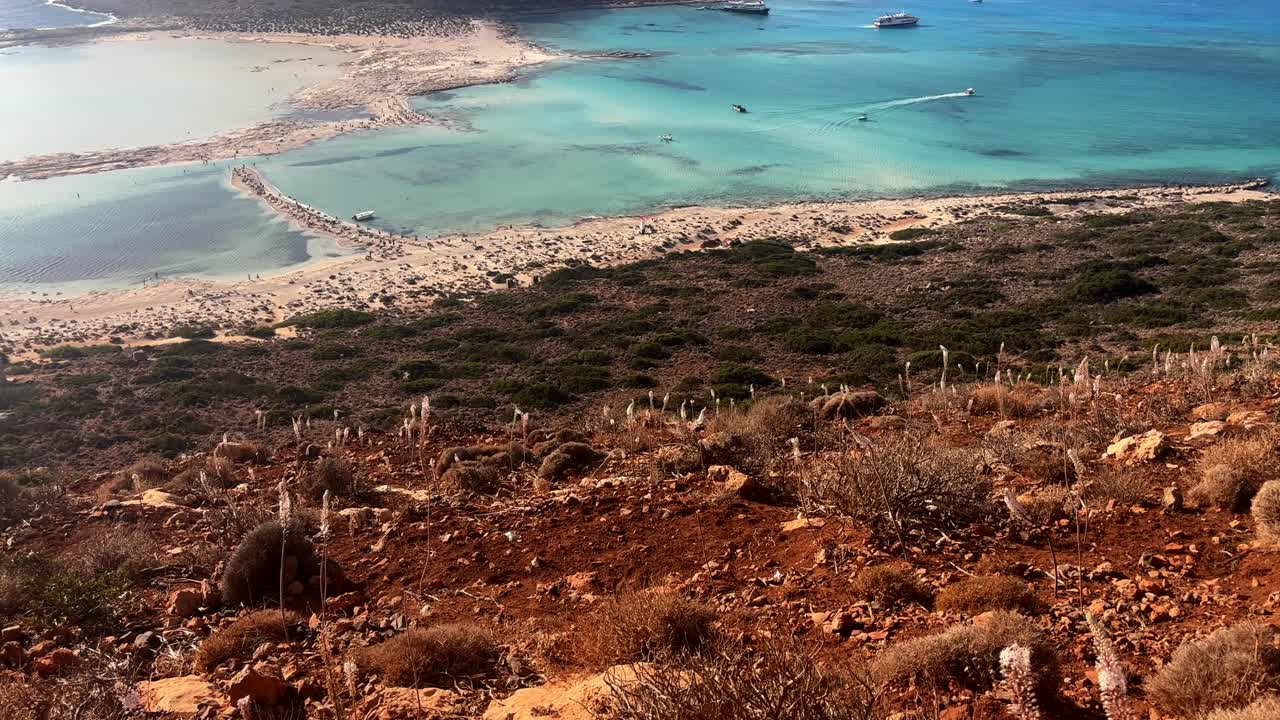 Balos Lagoon viewed from above, surrounded by arid and dry terrain on Crete Island Greece