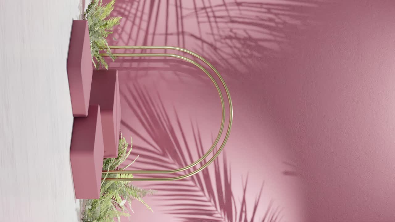 A minimal white podium display with pink wall and palm trees shadow background for product design, 3d rendering, 3d illustration animation loop