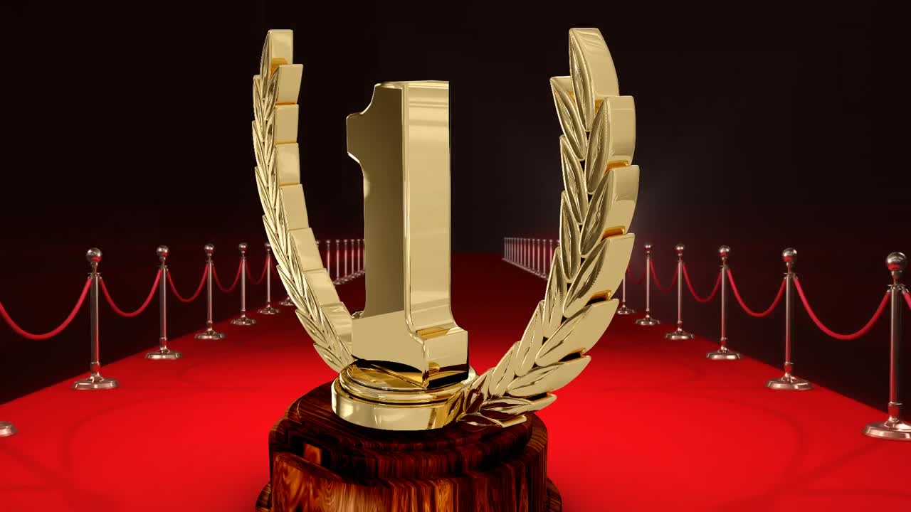 Animation of first place award trophy at floodlit, red carpet winners' prize giving ceremony
