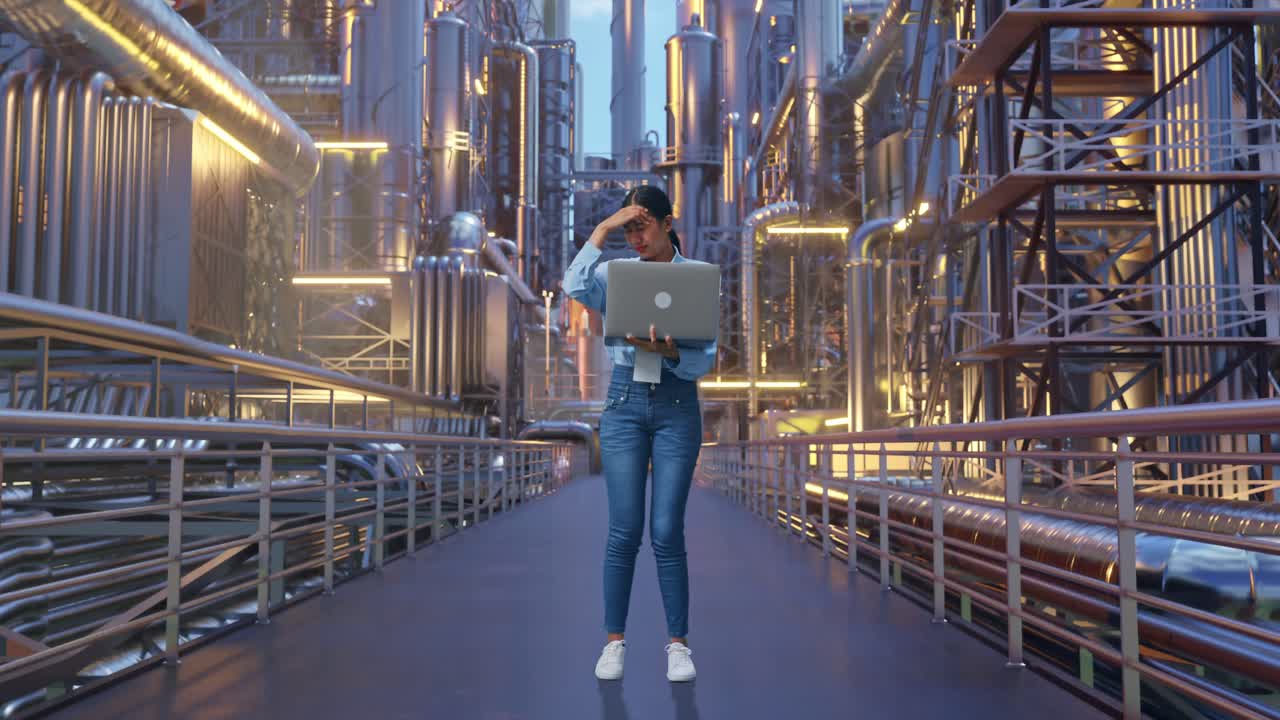 Full Body Of An Asian Female Professional Worker Standing With Her Laptop At A Vast Oil Refinery, She Is Nodding Her Shead With Dissapionted