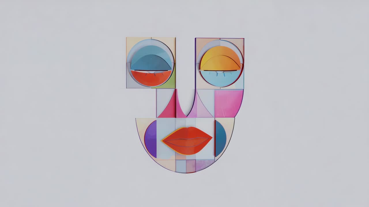 Starting frame 3 face sliding colored modules apart creating abstract split on grey backdrop