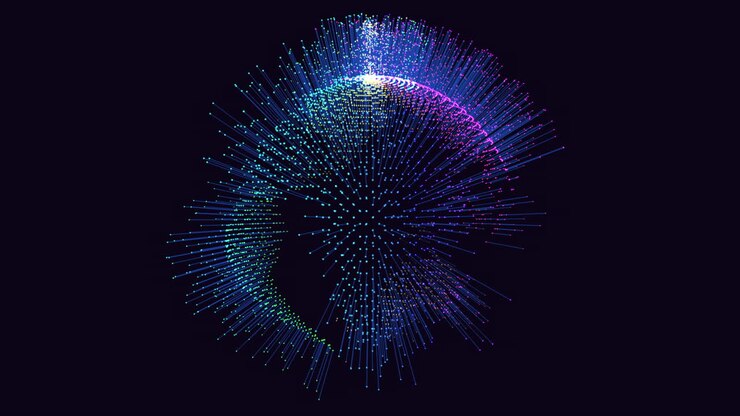 Una sfera viola con linee che emanano in un rendering in 3D, ideale per uno sfondo con ambientazione fantascientifica. L'opera evoca un'atmosfera futuristica
