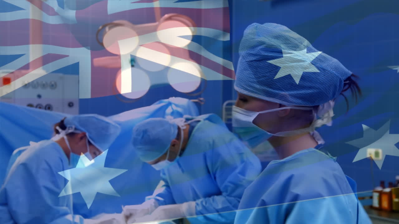 수술실에 있는 외과 의사 들 위 에 오스트레일리아 국기 의 애니메이션