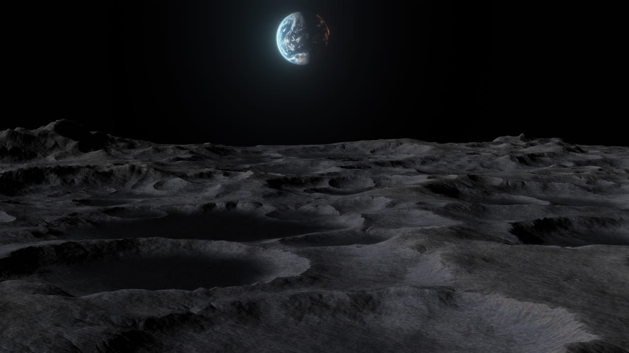 Descending pan up view of moon surface revealing small Planet Earth in Distance in space. Visual of a lonely fragile world in viewed from a lunar perspective. Ideal for videos about space missions. 3D