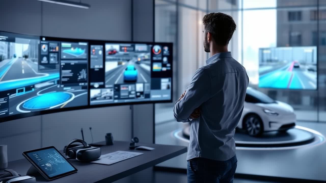 Automotive engineer monitoring data from a self driving electric vehicle simulation displayed on multiple computer screens in a modern research and development center