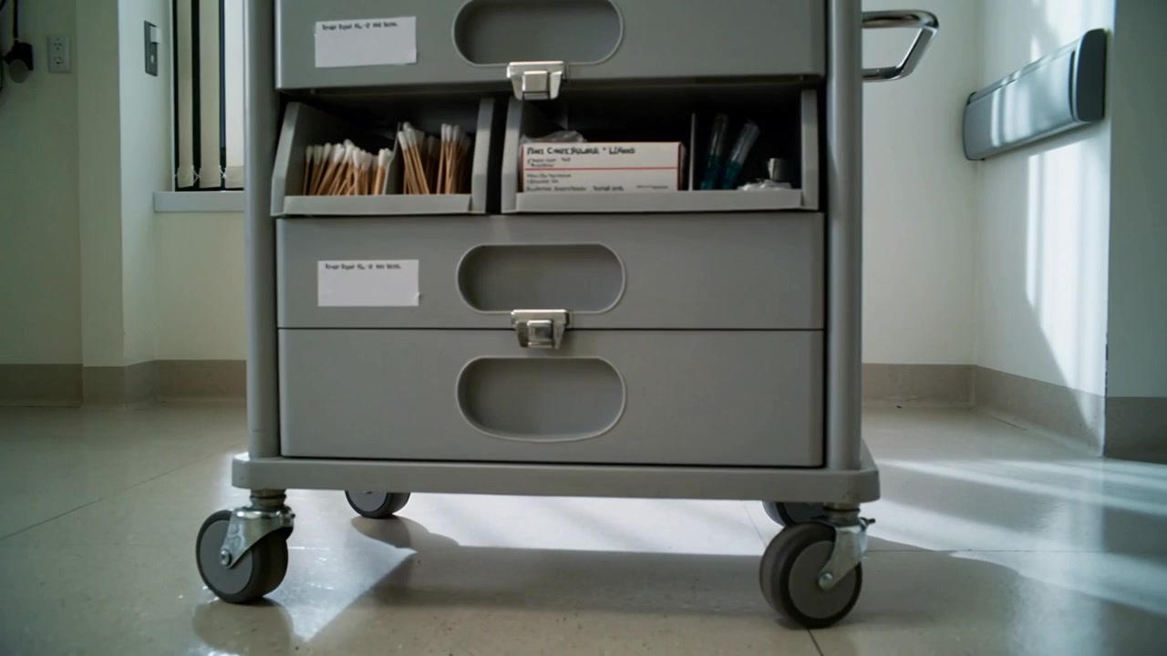 Sliding camera revealing gray medical supply cart in exam room, showing open cubby and casters