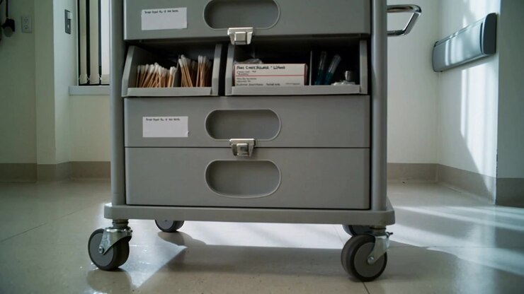 Sliding camera revealing gray medical supply cart in exam room, showing open cubby and casters