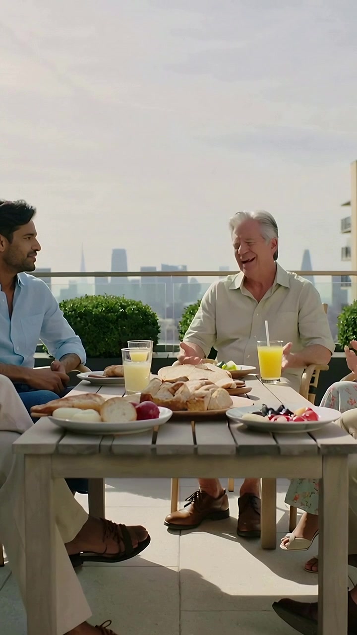 Video verticale: Anziano che inizia a parlare mentre l'uomo a sinistra annuisce durante una colazione sul tetto con succo.