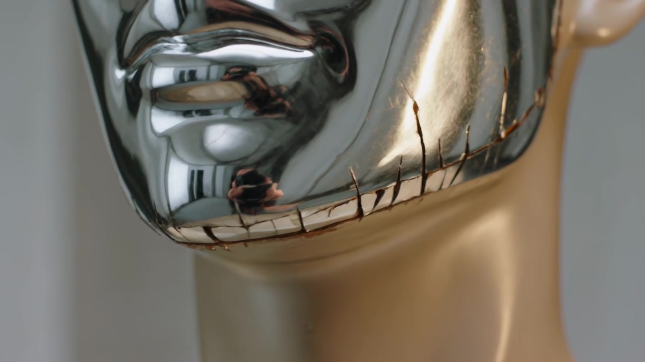 Showing chrome face and gold neck forming jaw seam cracks in studio, reflecting camera operator