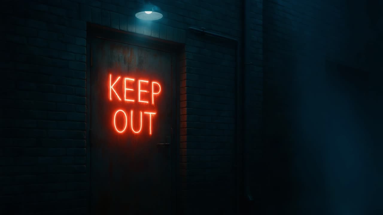 Neon sign illuminating door with "KEEP OUT" message in dark alleyway atmosphere