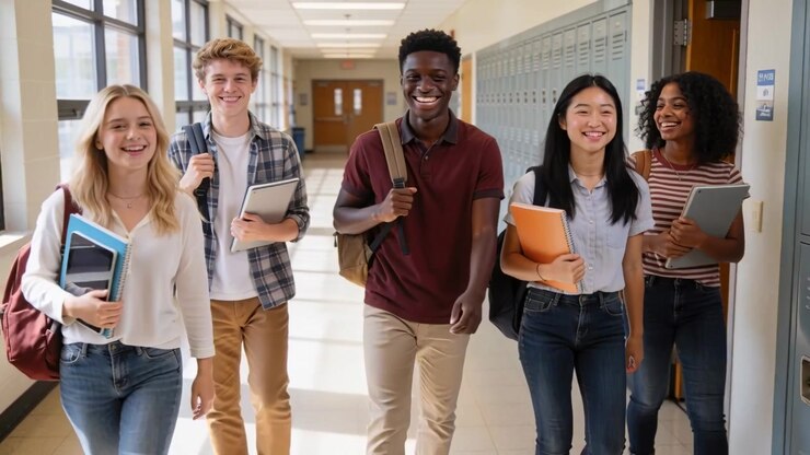 Walking five students chatting between classes down school corridor, carrying backpacks and tablet