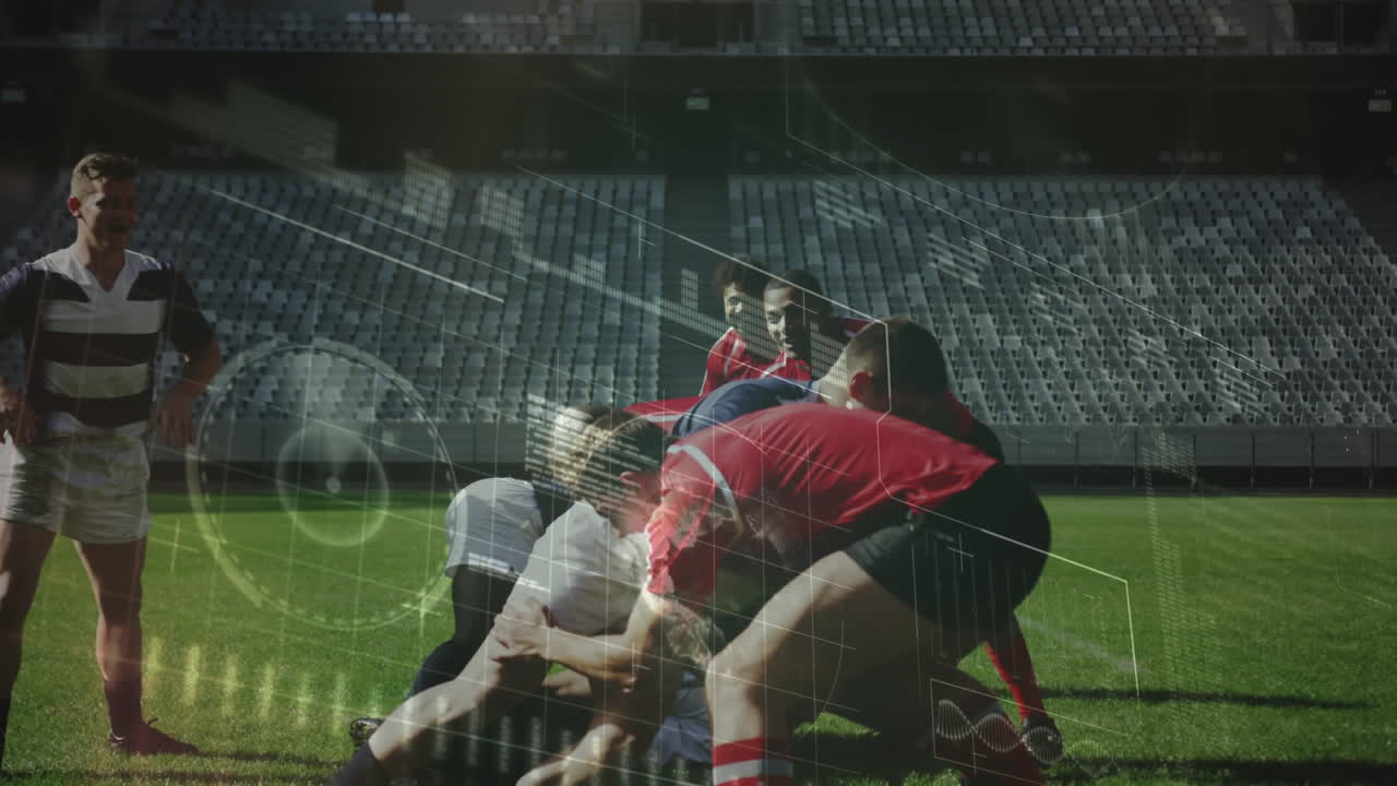 animación de procesamiento de datos y jugadores de rugby sobre el estadio deportivo