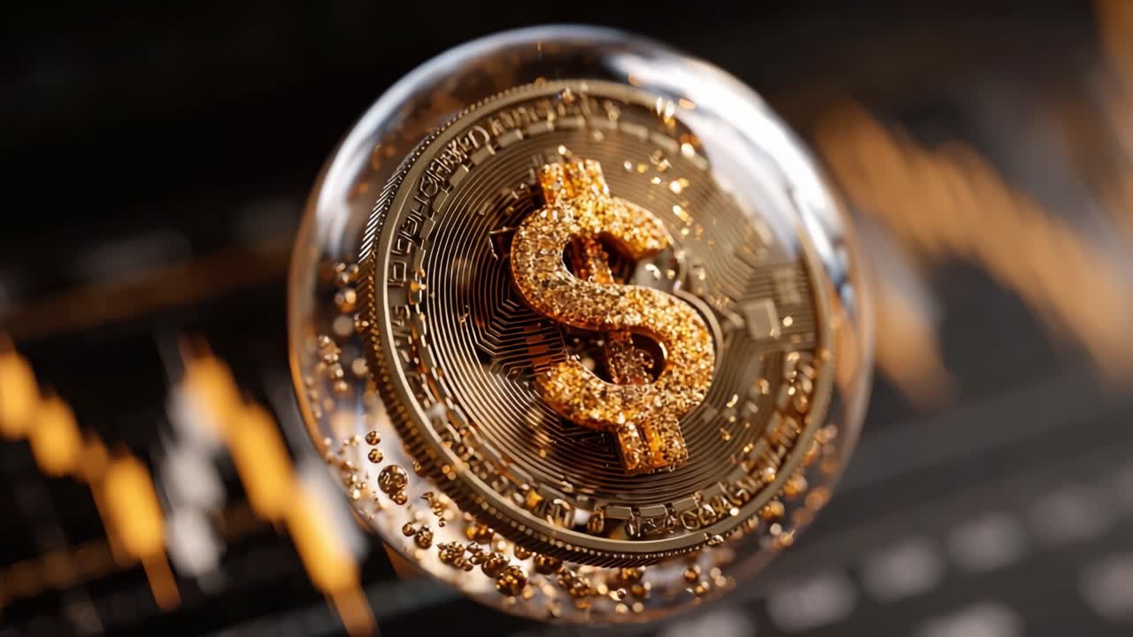 Una splendida visualizzazione di un simbolo del dollaro d'oro racchiuso in una bolla trasparente, che rappresenta la criptovaluta in un ambiente finanziario digitale con le tendenze di mercato.
