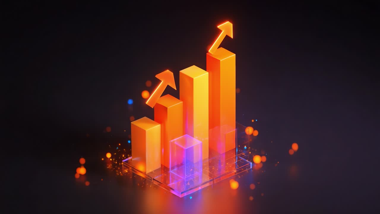 Dynamic Growth Visualization: A Vibrant Graph Depicting an Ascending Trend with Bright Arrows and Colorful Particles Representing Positive Progress and Performance in Data Analysis