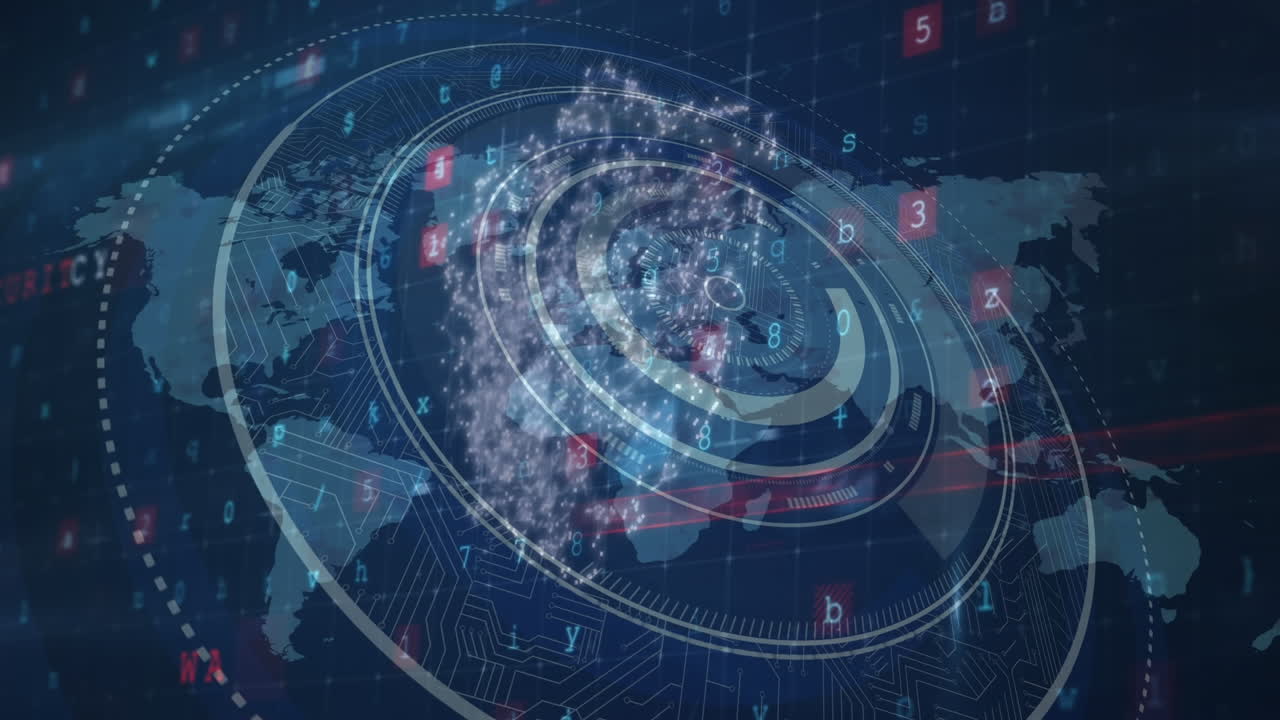 Animation of digital shield over blue background with rotating circles, numbers and world map