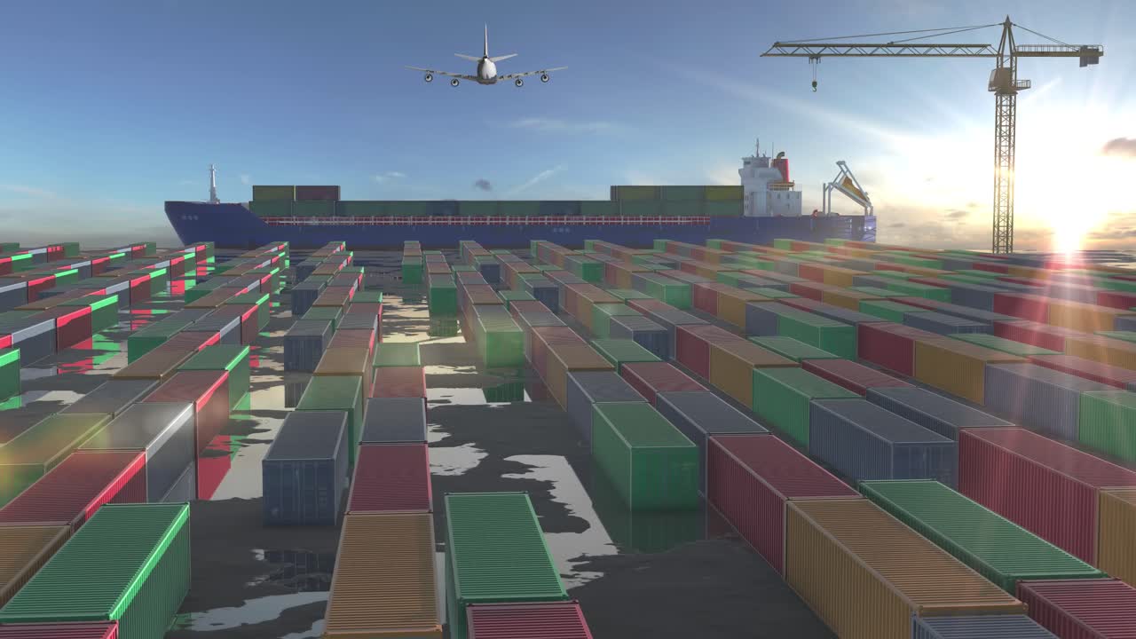 항구에 있는 컨테이너 선박, 화물 컨테이ner, 항공기