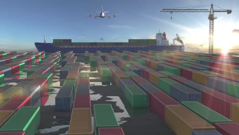 Container Ship, Cargo Containers, and Airplane at a Port