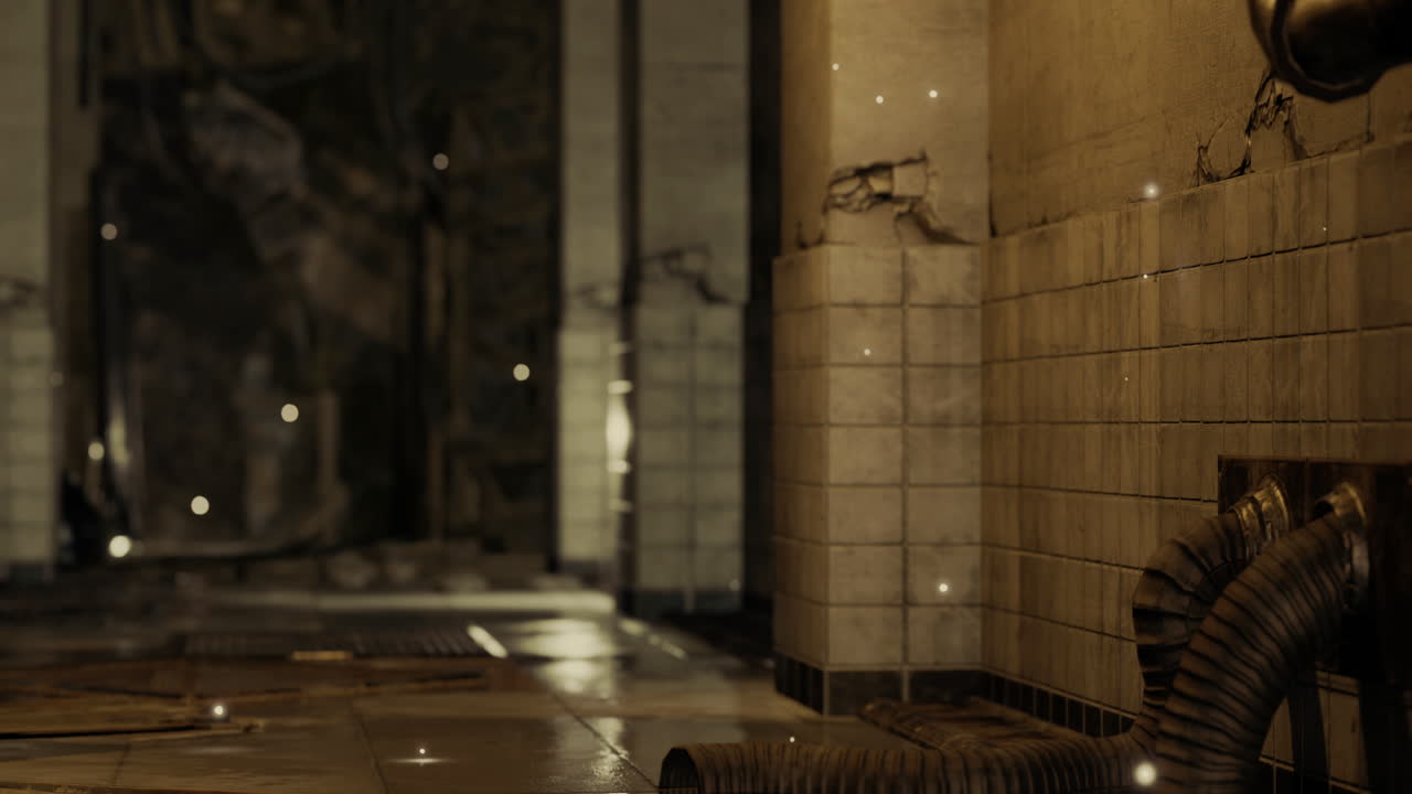 Abandoned industrial space with exposed pipes and dim lighting in urban area