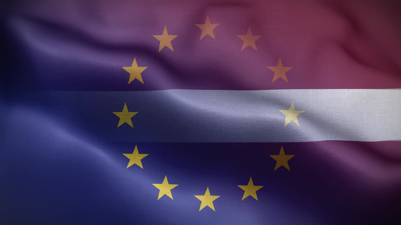 la bandera de la unión europea y la bandera de letonia en bucle de fondo 4k