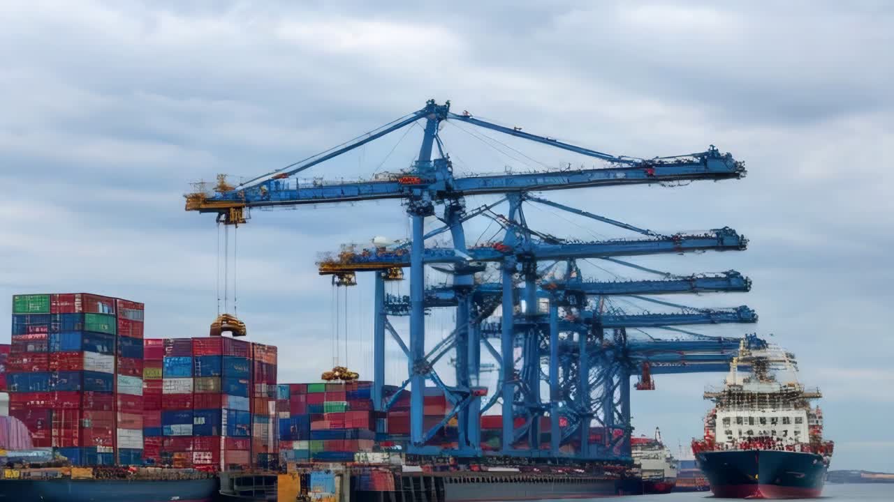 A large blue crane is lifting a container off a ship