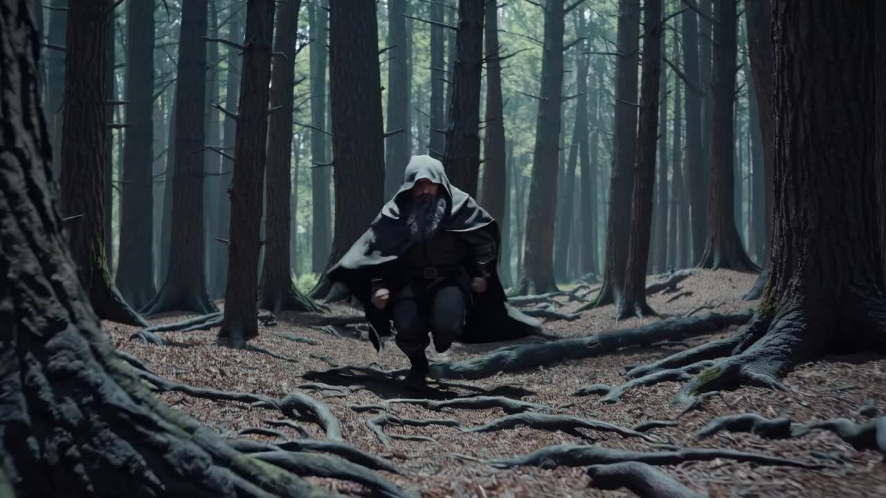 Fantasy Character Running Through a Dark Forest
