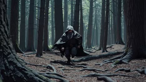 personaje de fantasía corriendo a través de un bosque oscuro