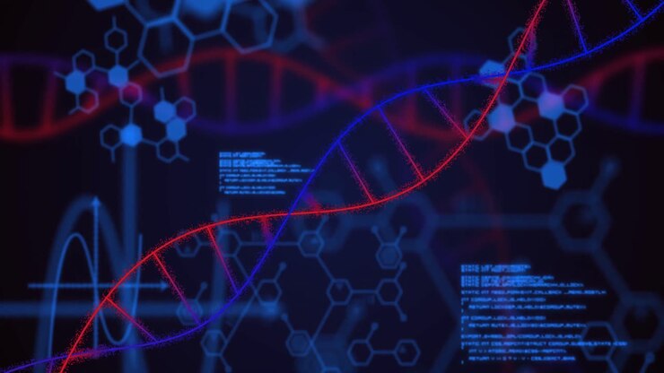 Animation of dna strand and data processing on black background