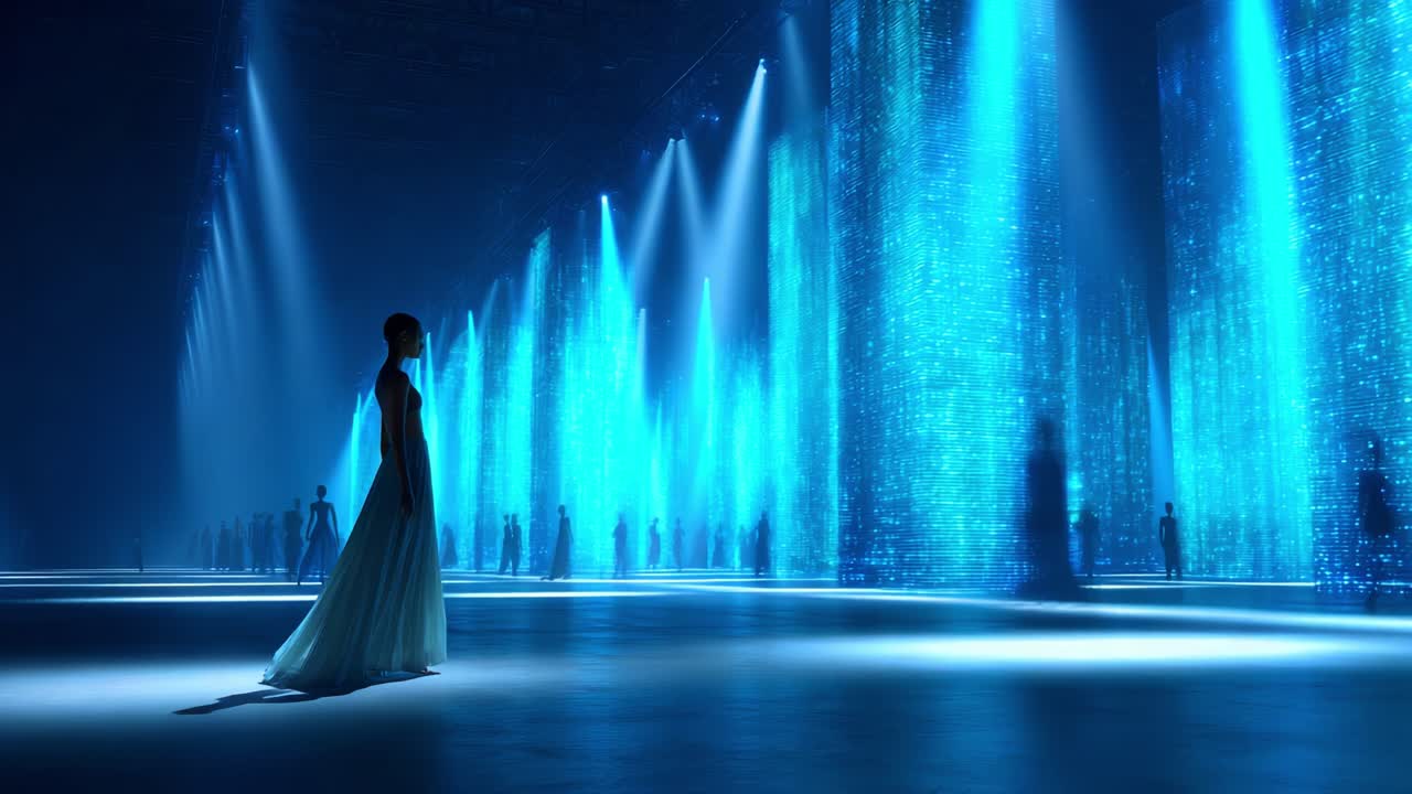 A mesmerizing display of light and silhouette unfolds in an enchanting blue-hued environment, where a figure in a flowing gown stands amidst ethereal projections that create a captivating atmosphere of wonder