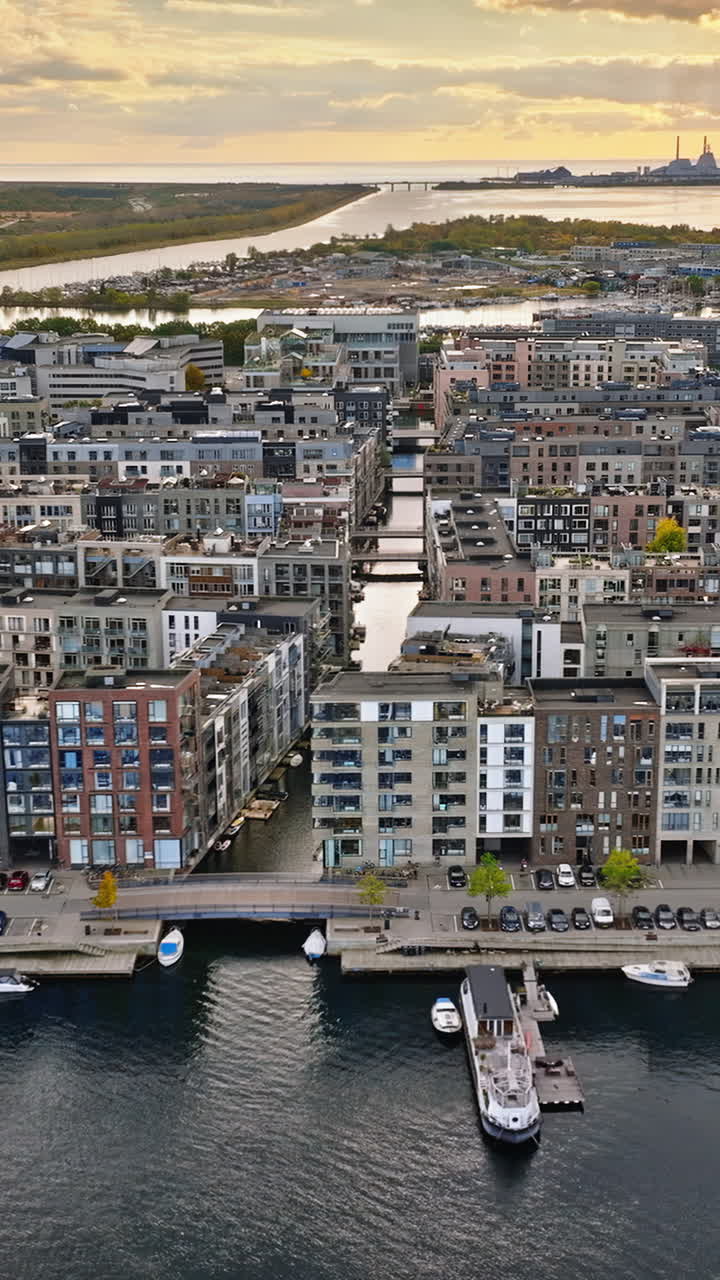 Aerial drone view of the Teglholmen peninsula in the South Harbour of Copenhagen, Denmark. Vertical