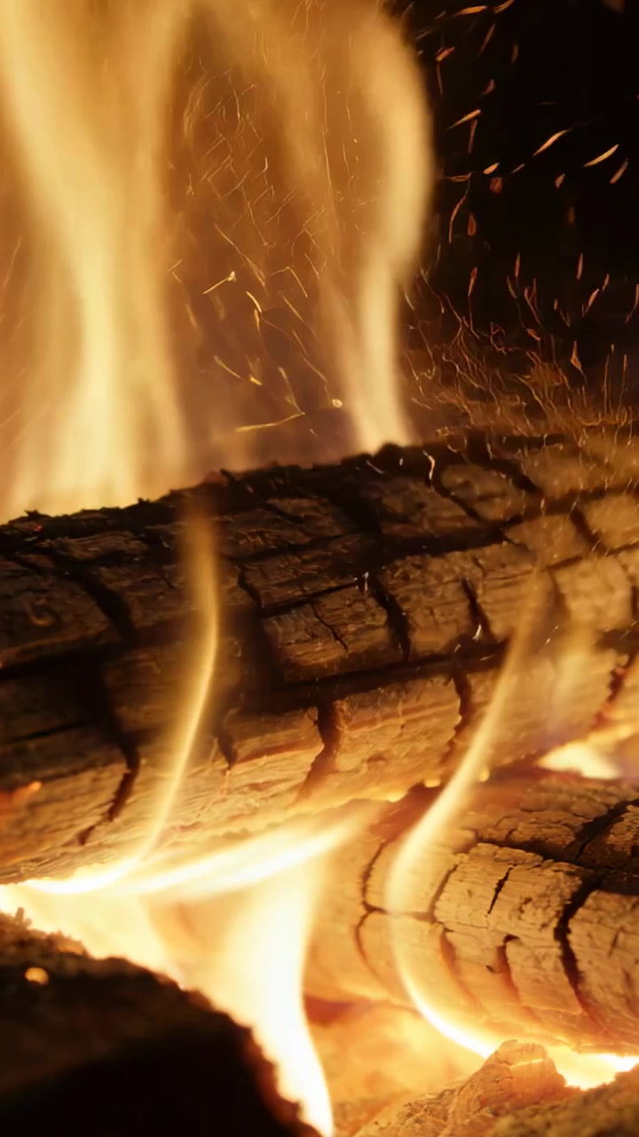 Video verticale: Tronchi carbonizzati impilati che rilasciano scintille in un focolare buio, carboni che alimentano fiamme più alte.