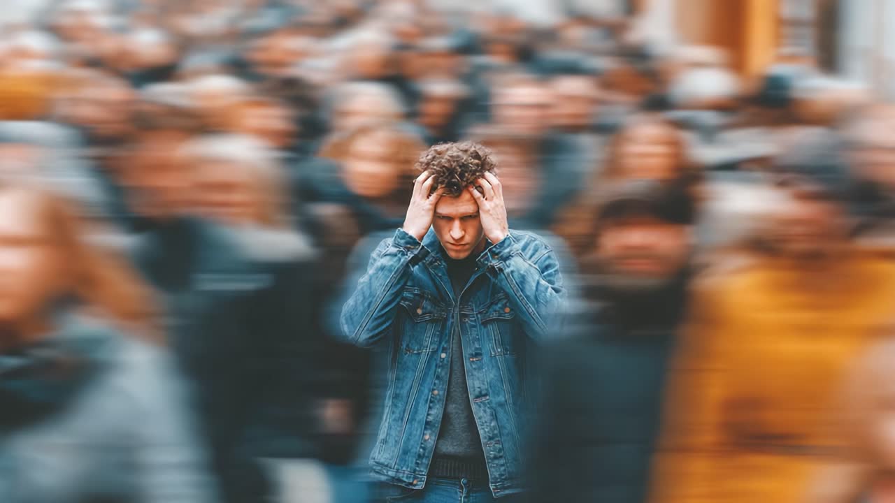 混雑した街の中で、男は圧倒的な感情に苦しみ、喧騒に包まれた騒がしい都会の環境で明瞭さと安堵を求めている。