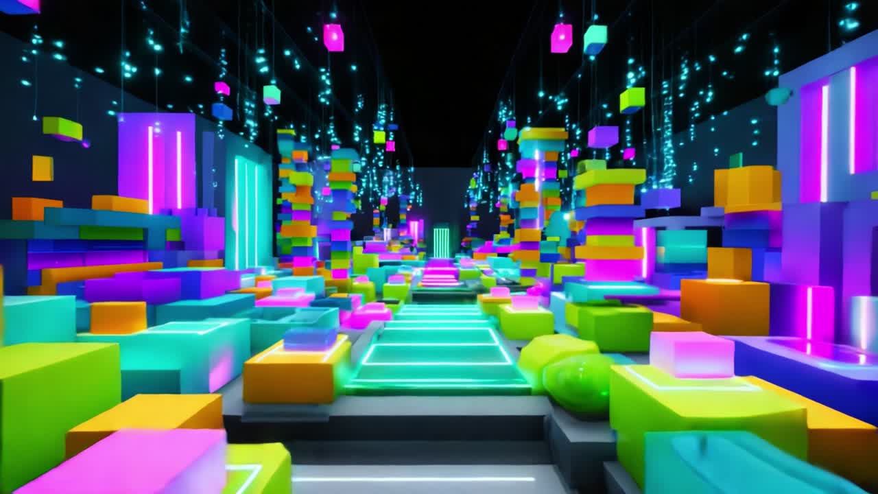 A Vibrant Digital Landscape Featuring Colorful Geometric Shapes and Luminescent Elements Creates a Mesmerizing Visual Experience in a Futuristic Space Environment