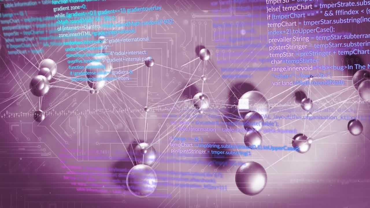 animación del lenguaje informático y los círculos conectados sobre el patrón de la placa de circuitos
