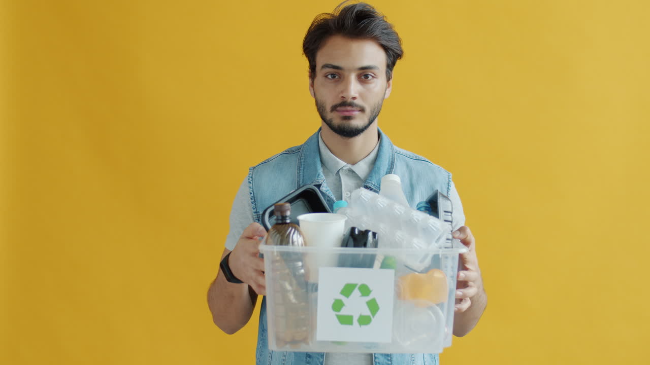 Man holding a recycling bin full of plastic