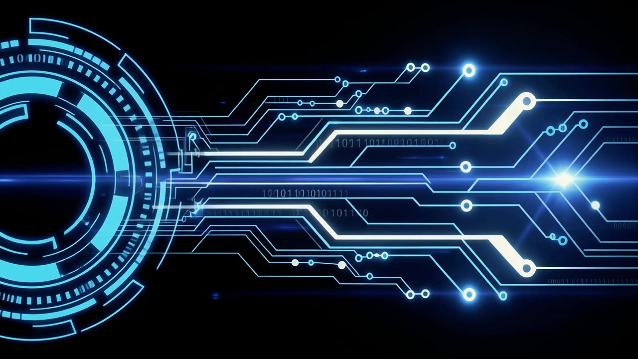 Futuristisk digitalt printkort med glødende dataflow og binær kode
