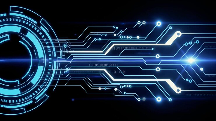 Futuristic Digital Circuit Board with Glowing Data Flow and Binary Code