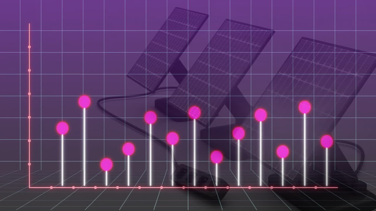paneles solares y animación de gráficos de datos con puntos rosados en fondo de cuadrícula púrpura