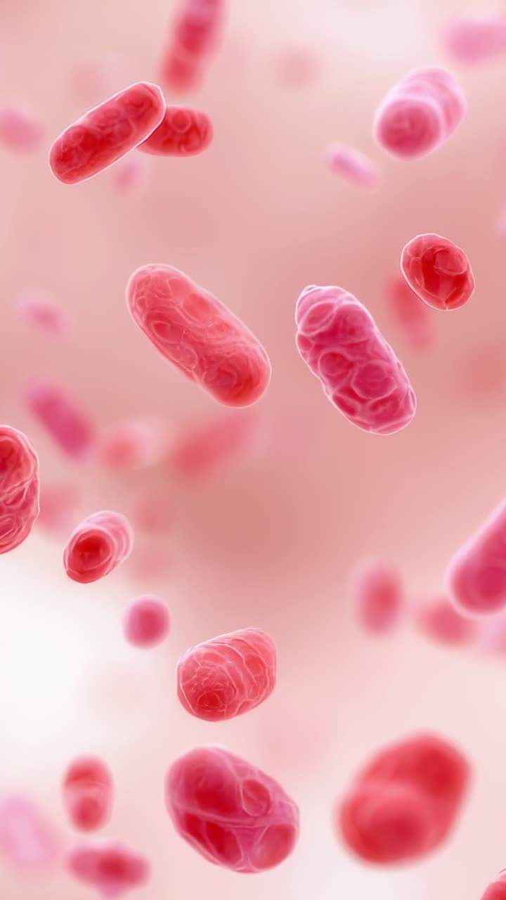 Vertical video: Opening showing rod-shaped cells drifting in fluid, one cell revealing textures