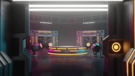 animation of neon gaming features with stage and spot lights spinning on black background