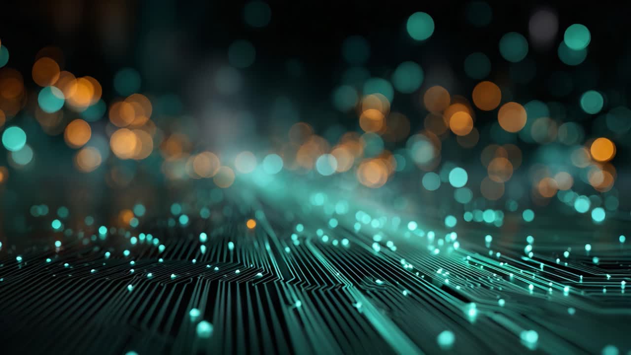 A Futuristic Glimpse of a High-Tech Landscape with Circuit Patterns and Vibrant Light Reflections on a Digital Surface in the Depths of a Cybernetic World