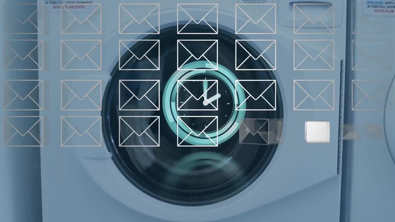 video compuesto digital de iconos de mensajes contra las lavadoras en la lavandería automática