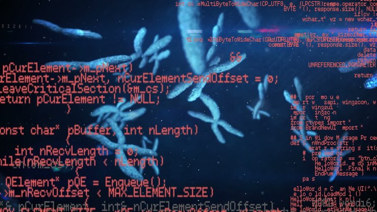 Animation of data processing over dna helix on blue background