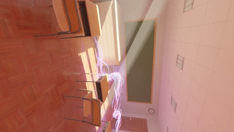 sala de clases vertical vacía escuela secundaria inteligencia artificial flujo cálido atardecer luz enseñanza universitaria ai tomando el control del concepto renderización 3d