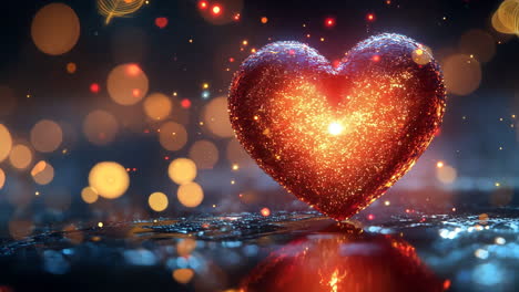 a heart made of fire is floating on a dark surface. the heart is surrounded by a glowing light, giving it a warm and romantic feel. concept of love and passion, as well as a feeling of danger