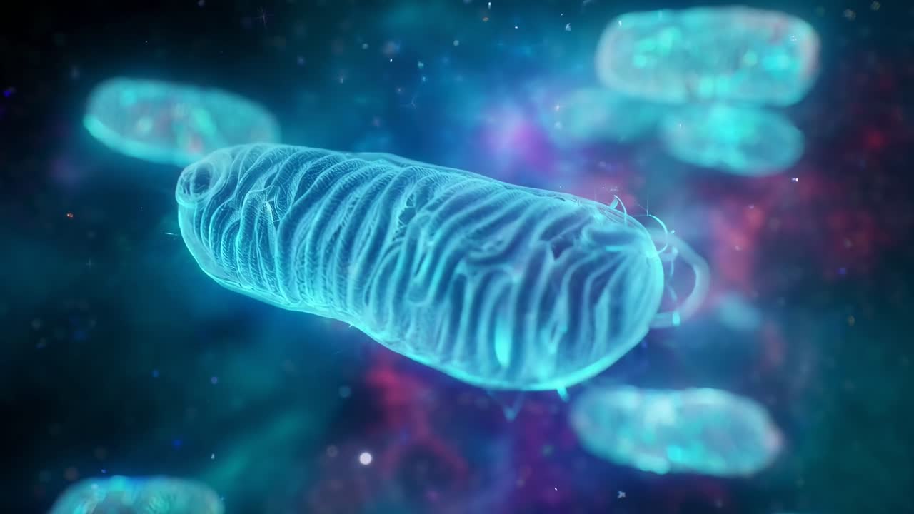 Video ravvicinato di mitocondri luminosi nello spazio, catturato da un'angolazione dinamica.