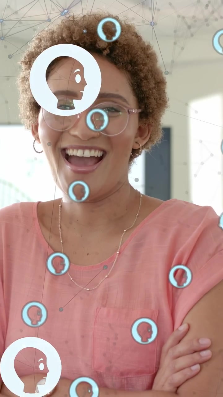 Vertical video: Woman teacher turning to camera causing AR nodes crossing face and board to demo